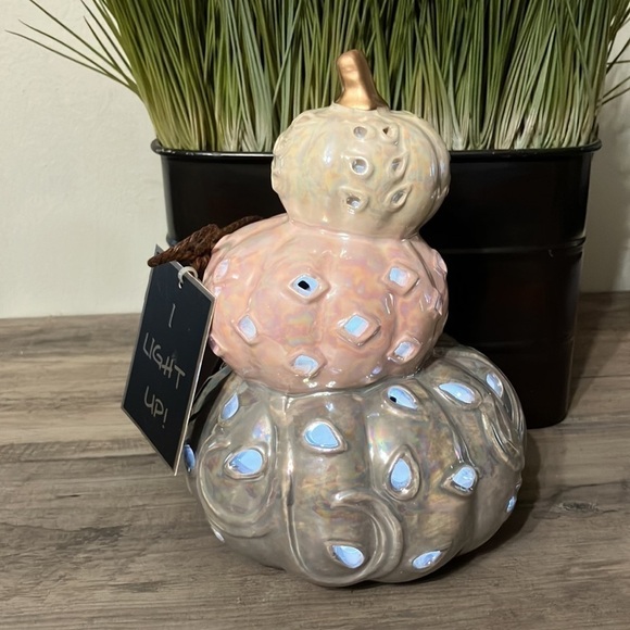 GORGEOUS! LUSTROUS LIGHT UP CERAMIC PUMPKIN PINK, SILVER AND CREAM - Picture 2 of 14